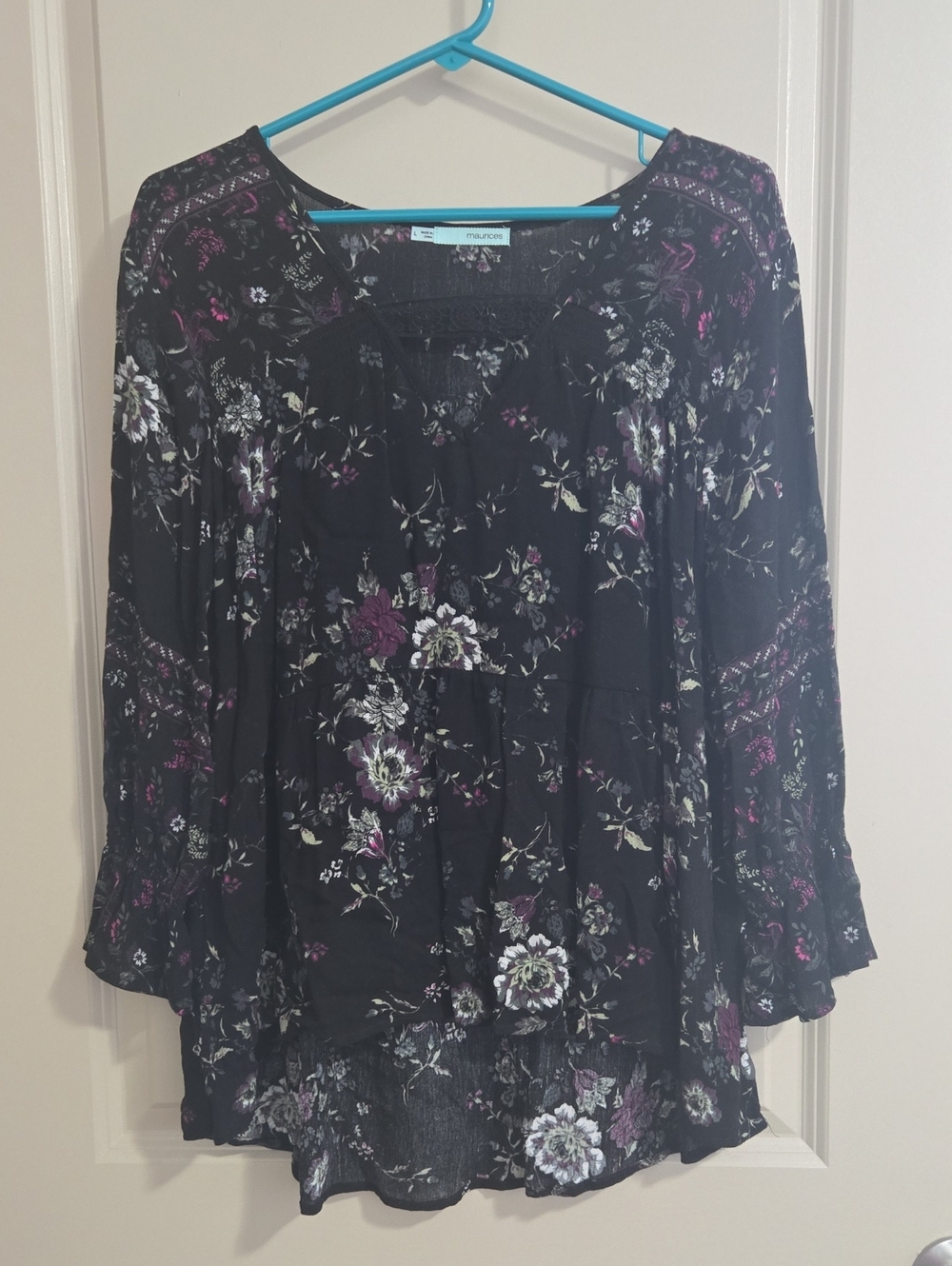 Maurices Black Floral Peasant Tunic with Purple and Cream Flowers